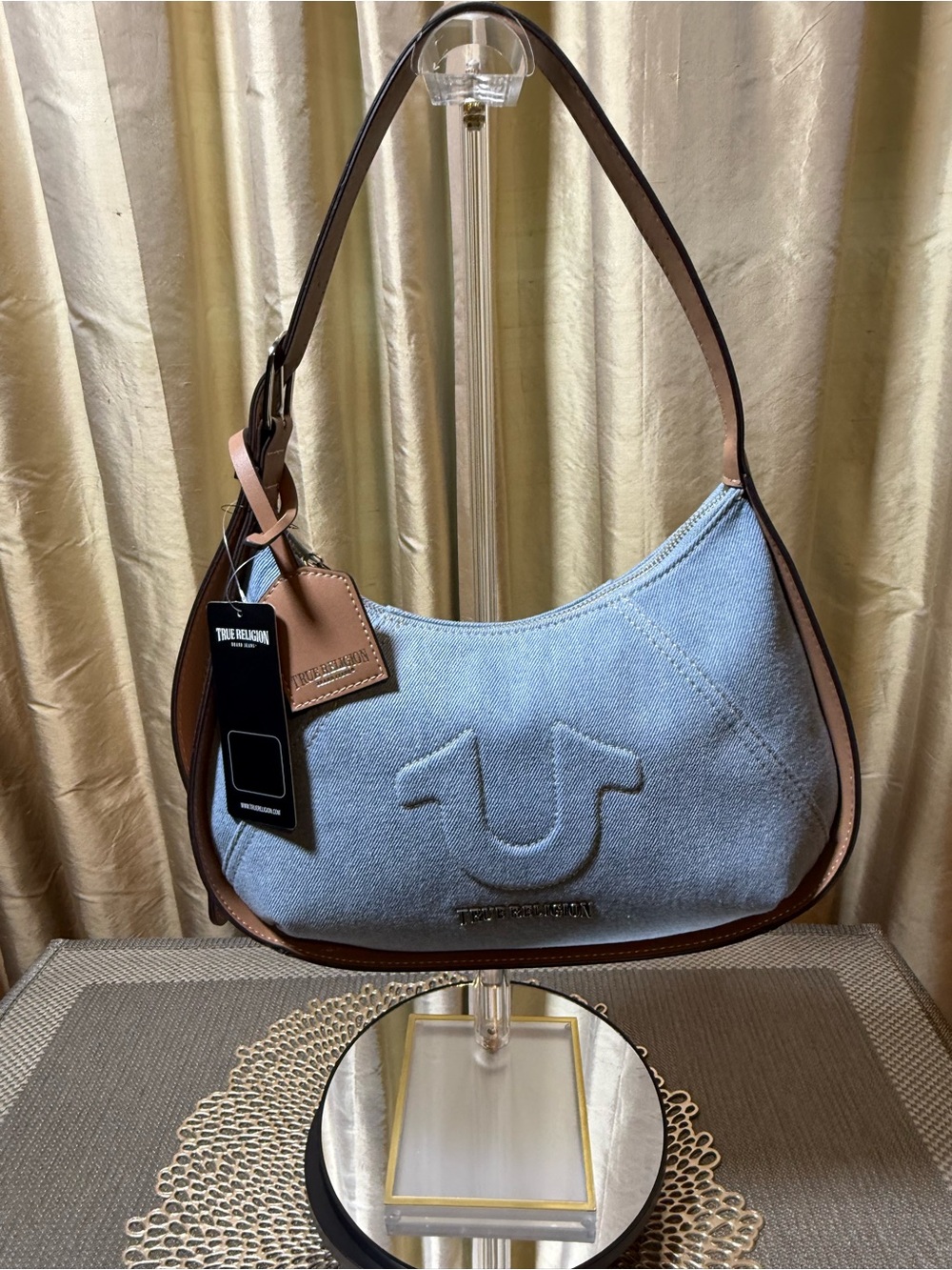 True Religion Light Blue Denim Hobo with Brown Trim and Strap - New with Tags
